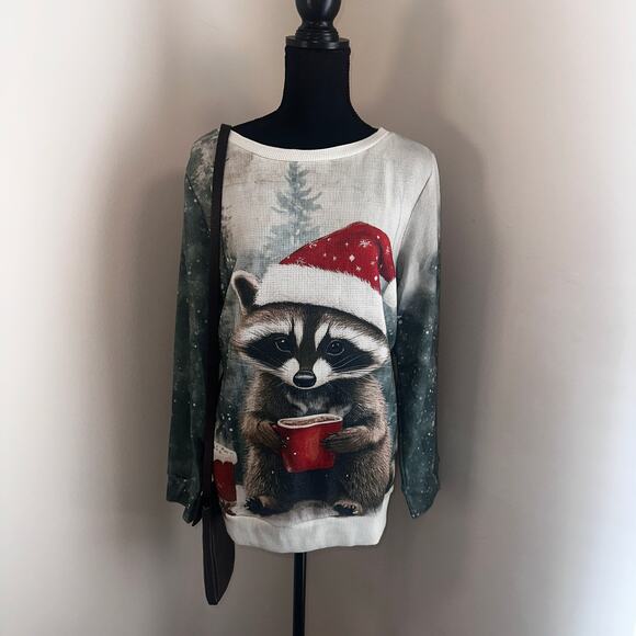 Holiday Thermal Shirt Festive Size XL Racoon and Coffee - Picture 2 of 6